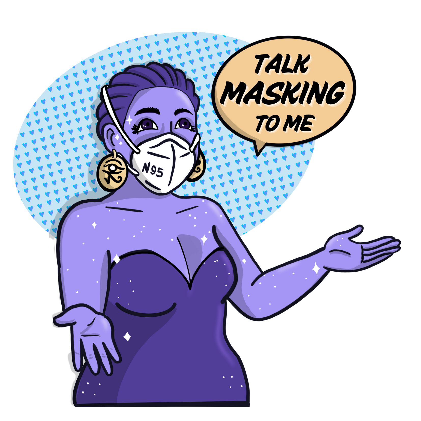 Sticker design - a sparkly purple person wearing a mask has a speech bubble that says "Talk Masking to Me"